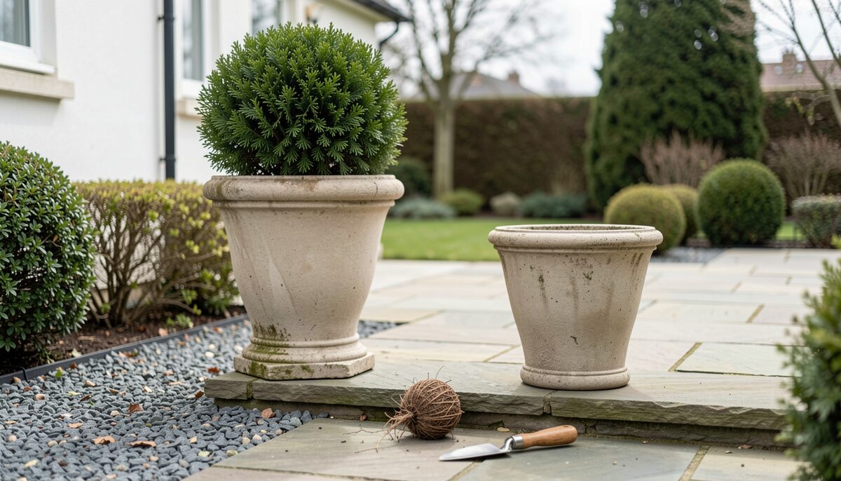 A small paved courtyard garden on a bright overcast day, showing two mid-sized cast stone planters of different taper standing on gravel beside a low stone step, one planted with clipped evergreen and one left unplanted, a single dry root ball and hand trowel resting on the paving.