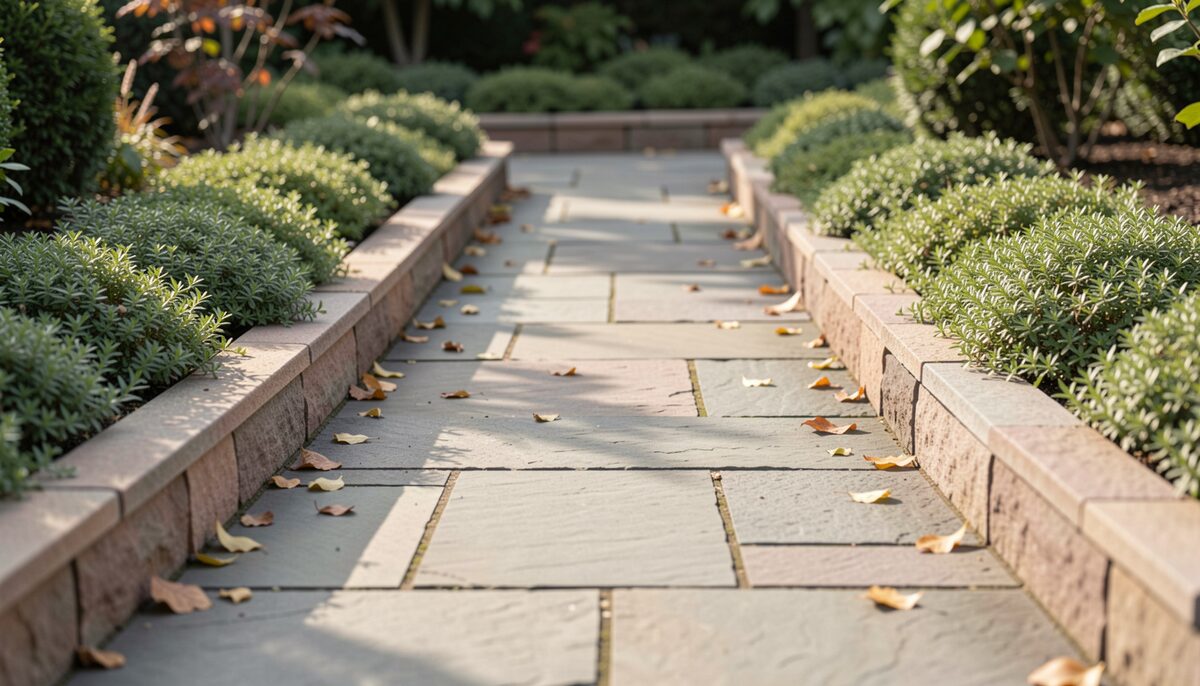 A garden path edged on both sides with matching cast stone units, planted with low green foliage, photographed in soft afternoon light with a few fallen leaves on the stone surface.