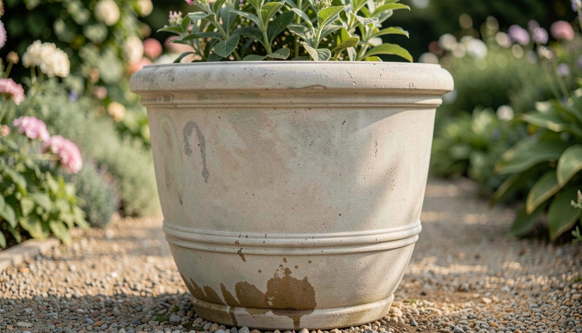 A close-up photograph of a cast stone planter sitting on a gravel path in a garden, showing its surface with subtle colour variation and a few water marks near the base, with soft daylight.