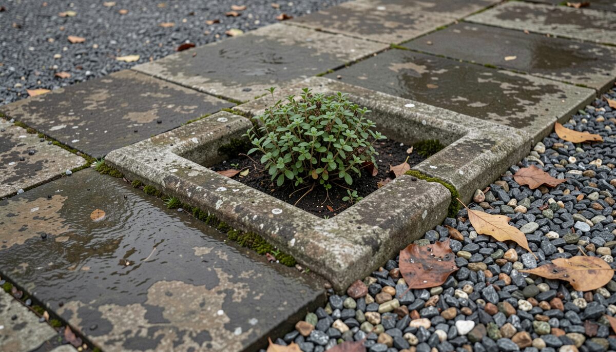 A weathered stone paving edge beside a gravel margin, with a small square planting pocket cut into the paving. The pocket has a cast stone kerb and contains a low, mounding plant with some moss at the joints. A few fallen leaves sit on the gravel and damp has darkened the stone.