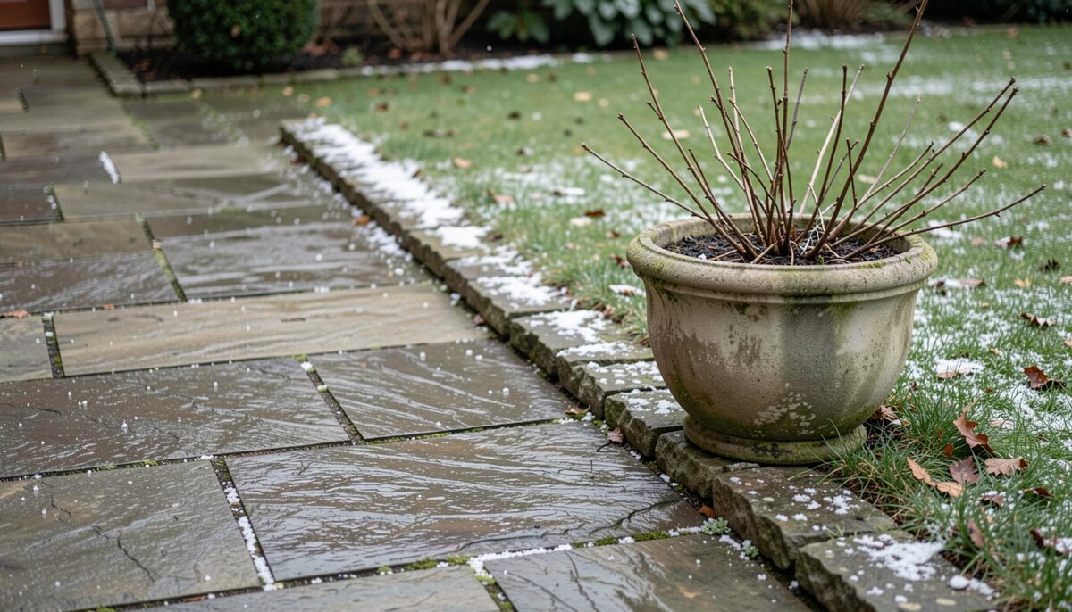 A quiet garden corner in winter with a riven stone paving path, a crisp set stone edge beside wet lawn, and a single weathered cast stone planter holding bare stems, photographed in soft overcast light with shallow shadow.