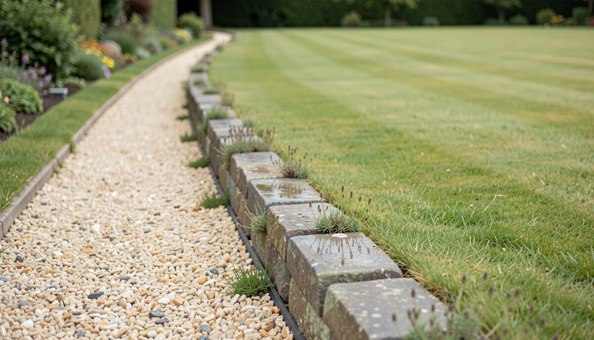 A narrow garden path of pale gravel running beside a mown lawn, separated by a low line of weathered grey stone setts about five centimetres above the grass, with small tufts of thyme growing in the joints and a damp sheen on the stones after rain.