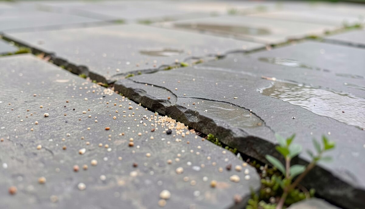 A close, slightly angled photograph of a garden paving slab edge where a sawn face meets a riven face, with damp grey surface, a few grains of sand, a soft-edged joint and a small sprig of moss at the corner.